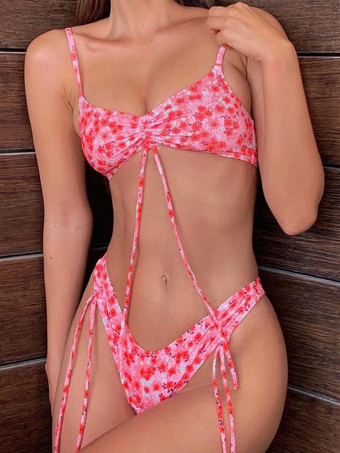 ピンク2025年夏用花柄プリントセクシーストラップビキニ2ピース水着