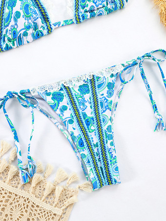 ボヘミアンプリントレースフリルストリングビキニ2ピース水着 2025年夏用