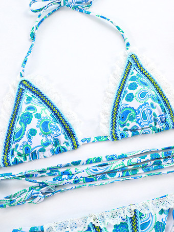 ボヘミアンプリントレースフリルストリングビキニ2ピース水着 2025年夏用