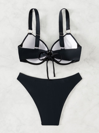 2025年夏向けメタルリング付きブラックビキニツーピース水着