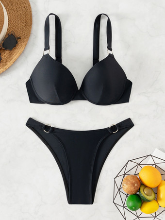 2025年夏向けメタルリング付きブラックビキニツーピース水着