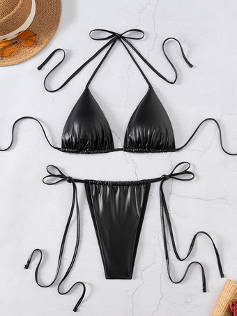 2025年夏向けのセクシーなホルタービキニの黒ツーピース水着