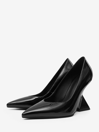 PUブラックシルバー ウェッジヒール レディース ポインテッドトゥ デザインヒール パンプス