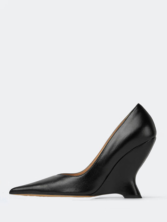 ブラック シルバー ウェッジヒール レディース ポインテッドトゥ デザインヒール パンプス