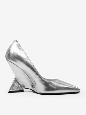 シルバー ウェッジヒール レディース ポインテッドトゥ デザインヒール パンプス