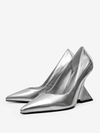 シルバー ウェッジヒール レディース ポインテッドトゥ デザインヒール パンプス