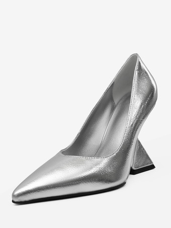 シルバー ウェッジヒール レディース ポインテッドトゥ デザインヒール パンプス