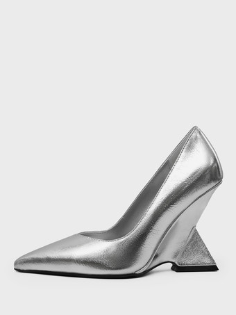 シルバー シルバー ウェッジヒール レディース ポインテッドトゥ デザインヒール パンプス