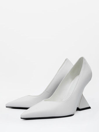 ホワイト シルバー ウェッジヒール レディース ポインテッドトゥ デザインヒール パンプス