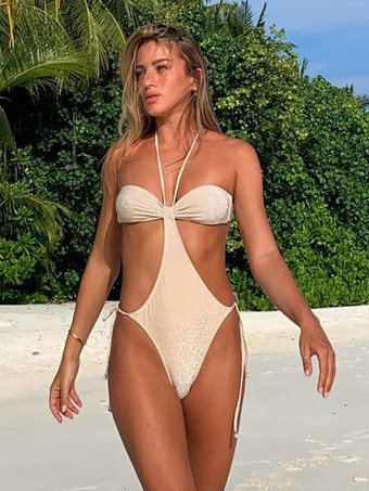 アイボリー 2025年夏向けホルターネックモノキニボヘミアンワンピース水着