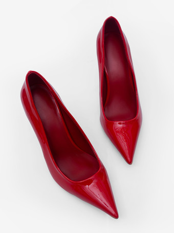 女性用赤いハイヒール、つま先が尖ったデザインヒールパンプス