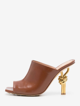 ブラウン ハイヒールミュール レッド オープントゥ デザインヒール バックレスサンダル