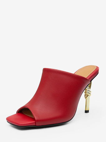レッド ハイヒールミュール レッド オープントゥ デザインヒール バックレスサンダル