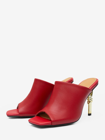 ハイヒールミュール レッド オープントゥ デザインヒール バックレスサンダル