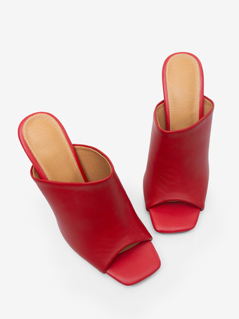 ハイヒールミュール レッド オープントゥ デザインヒール バックレスサンダル