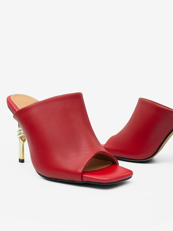 ハイヒールミュール レッド オープントゥ デザインヒール バックレスサンダル