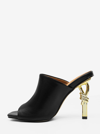 ブラック ハイヒールミュール レッド オープントゥ デザインヒール バックレスサンダル