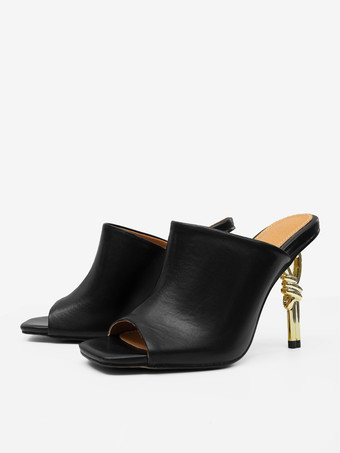 ハイヒールミュール レッド オープントゥ デザインヒール バックレスサンダル