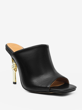 ハイヒールミュール レッド オープントゥ デザインヒール バックレスサンダル