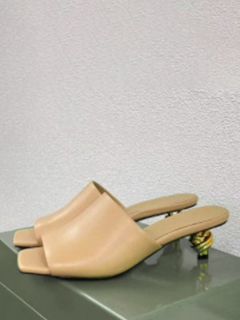 ライトブラウンキトンヒールミュール オープントゥデザインヒールバックレスサンダル