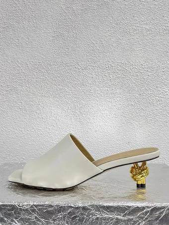 ホワイト キトンヒールミュール オープントゥデザインヒールバックレスサンダル