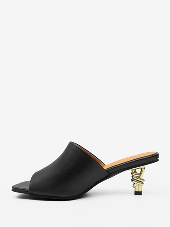 ブラック キトンヒールミュール オープントゥデザインヒールバックレスサンダル