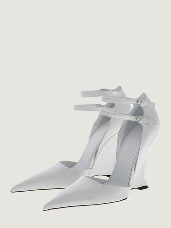 ホワイト ブラック ウェッジ パンプス ポインテッド トゥ アンクル ストラップ ヒール レディース 2025