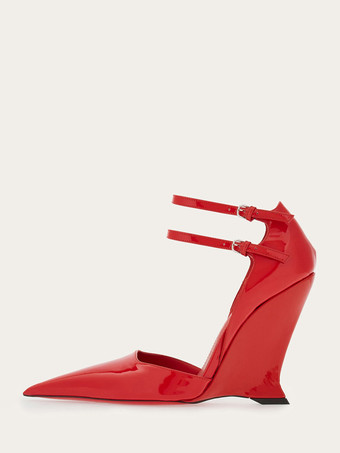 レッド ブラック ウェッジ パンプス ポインテッド トゥ アンクル ストラップ ヒール レディース 2025