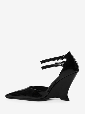 ブラック ブラック ウェッジ パンプス ポインテッド トゥ アンクル ストラップ ヒール レディース 2025