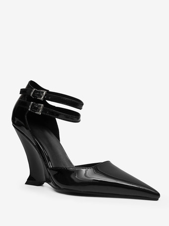 ブラック ウェッジ パンプス ポインテッド トゥ アンクル ストラップ ヒール レディース 2025