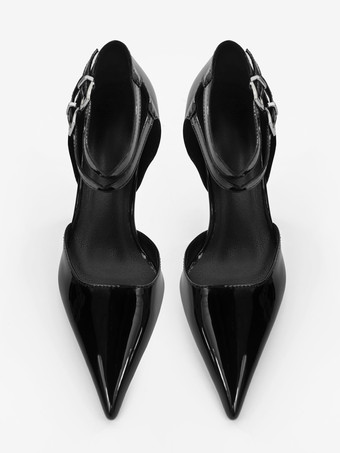 ブラック ウェッジ パンプス ポインテッド トゥ アンクル ストラップ ヒール レディース 2025