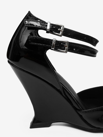 ブラック ウェッジ パンプス ポインテッド トゥ アンクル ストラップ ヒール レディース 2025