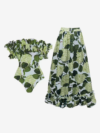 花柄プリントオフショルダーフリルワンピース水着とロングスカートセット 2025