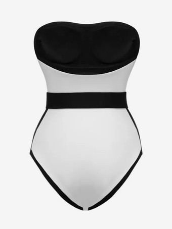 2025年夏向けコントラストカラーノースリーブベルト付きワンピース水着