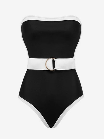 2025年夏向けコントラストカラーノースリーブベルト付きワンピース水着