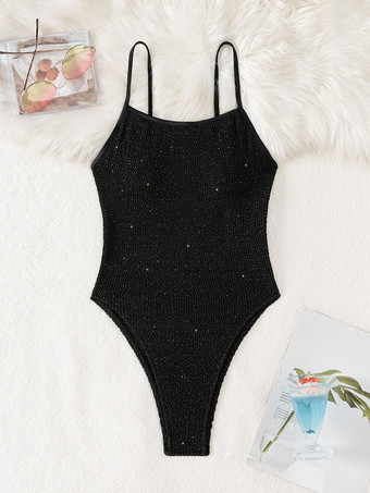 2025年夏向けの光沢のある黒のシンプルなストラップワンピース水着