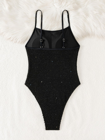 2025年夏向けの光沢のある黒のシンプルなストラップワンピース水着