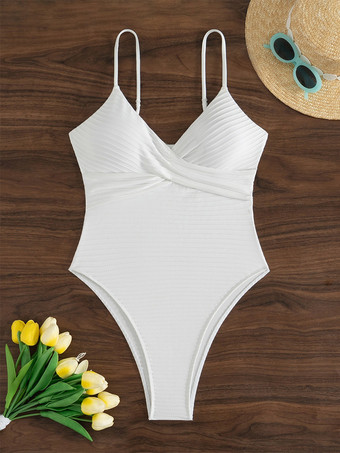 2025年夏向けクロスフロントホワイトストライプワンピース水着