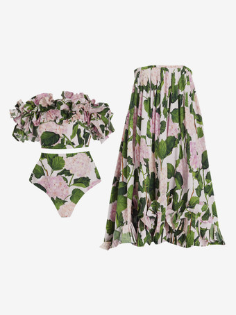 花柄プリント オフショルダー フリル 2ピース水着とロングスカートセット 2025