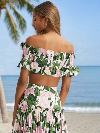 花柄プリント オフショルダー フリル 2ピース水着とロングスカートセット 2025