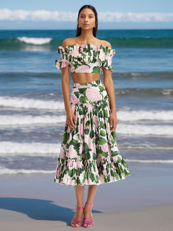 ピンク花柄プリント オフショルダー フリル 2ピース水着とロングスカートセット 2025