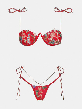 レッド 2025年夏向け刺繍入りストリングビキニセクシーツーピース水着