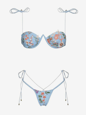 ライトスカイブルー2025年夏向け刺繍入りストリングビキニセクシーツーピース水着