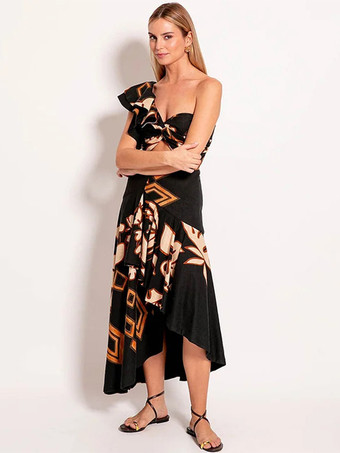 プリントワンショルダーカットアウトワンピース水着とイレギュラースカートセット 2025