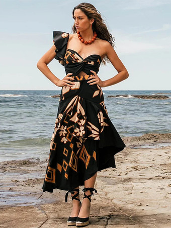 ブラック プリントワンショルダーカットアウトワンピース水着とイレギュラースカートセット 2025