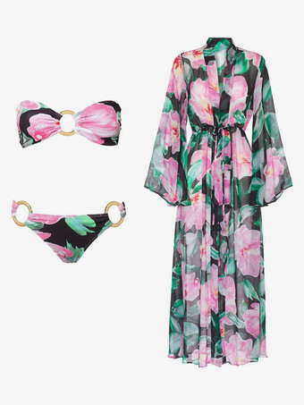 プリントリングリンクビキニとロングカバーアップ3ピース水着セット2025