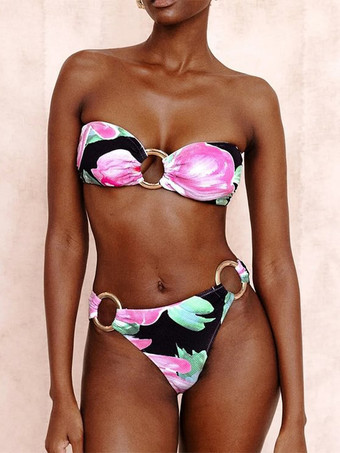 プリントリングリンクビキニとロングカバーアップ3ピース水着セット2025