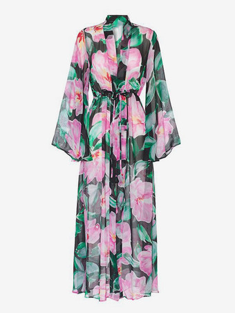 花柄プリントのリングリンクカットアウトワンピース水着とロングカバーアップセット 2025