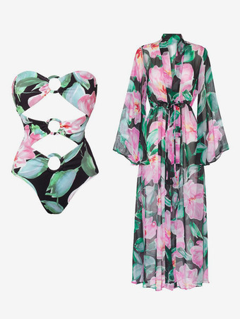 花柄プリントのリングリンクカットアウトワンピース水着とロングカバーアップセット 2025