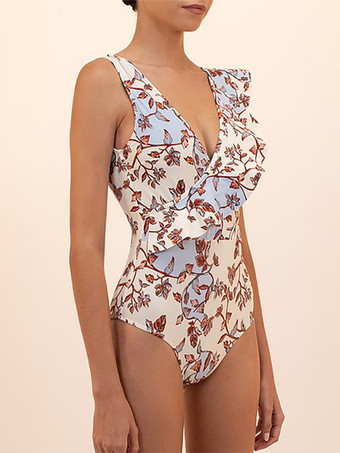 2025年夏用フローラルフリルVネックワンピース水着